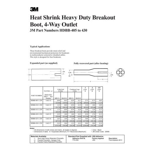 3M HDBB-420-1-250 HDBB Heat Shrinkable Cable Breakout Boot : Black, 4 ...