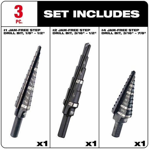 3Pc Step Drill Bit Set (#1,#2,#4)